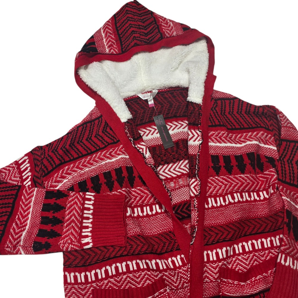No Boundaries Sweater Cardigan‎ Women XL Red Fair Isle Hooded Open Front NWT